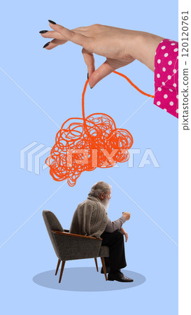 Hand holds chaotic string above elderly man sitting, symbolizing managing mental challenges and thoughts. Contemporary art collage. 120120761