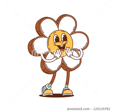Groovy gingerbread chamomile cookie character. Sweet pastry cheerful cartoon mascot, gingerbread dessert with icing cute groovy vector personage. Chamomile or daisy cookie isolated funny character Groovy gingerbread chamomile cookie character. Sweet pastry cheerful cartoon mascot, gingerbread dessert with icing cute groovy vector personage. Chamomile or daisy cookie isolated funny character 120120762