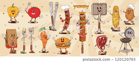 Retro groovy barbeque characters, cartoon bbq grill personages. Vector food and tools, bell pepper, tomato, meat steak and skewers, sausage, charcoal, burger and corn or potato with expressive faces 120120765