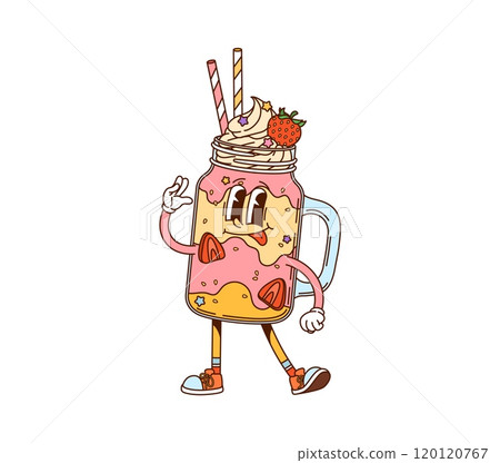 Cartoon groovy milkshake dessert fast food character. Isolated vector retro drink personage in mason jar with whipped cream, straw and a strawberry on its top, wearing sneakers and gives a hippie sign Cartoon groovy milkshake dessert fast food character. Isolated vector retro drink personage in mason jar with whipped cream, straw and a strawberry on its top, wearing sneakers and gives a hippie sign 120120767