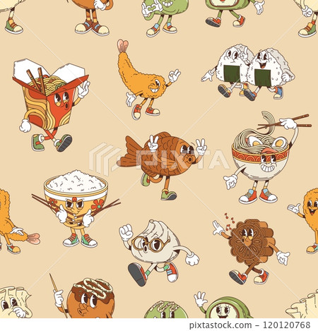 Seamless pattern of retro groovy Japanese, Korean and Chinese cuisine characters. Asian dishes exude joyful and fun vibes. Vector tile background for apparel, textile, wallpaper or wrapping wallpaper 120120768