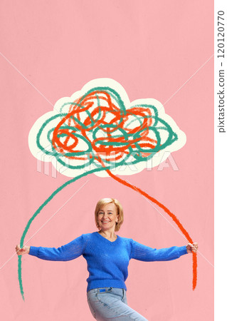 Elderly woman with cloud of tangled thoughts above head, managing thoughts and emotions, self-support, emotional balance. Contemporary art collage. 120120770