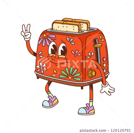 Groovy toaster character with smiling face, peace sign and fried toast slice popping out. Cartoon vector red retro toaster with floral pattern. Nostalgic kitchen appliance personage cooking breakfast 120120791