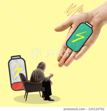 Elderly man sitting in chair next to symbolic low battery, while large hand offers fully charged battery. Rejuvenation and mental health support. Contemporary art collage. Elderly man sitting in chair next to symbolic low battery, while large hand offers fully charged battery. Rejuvenation and mental health support. Contemporary art collage. 120120792