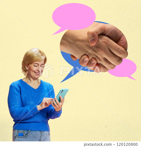 Elderly woman using smartphone with speech bubbles and handshake, symbolizing building trust and connection. Contemporary art collage. Elderly woman using smartphone with speech bubbles and handshake, symbolizing building trust and connection. Contemporary art collage. 120120800