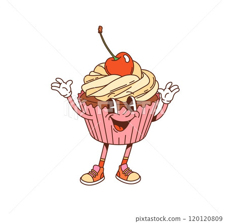 Groovy cupcake or muffin cute character. Cafe sweet meal cheerful cartoon character, bakery pastry food or restaurant dessert cute groovy mascot. Cupcake with cream and cherry isolated funny personage Groovy cupcake or muffin cute character. Cafe sweet meal cheerful cartoon character, bakery pastry food or restaurant dessert cute groovy mascot. Cupcake with cream and cherry isolated funny personage 120120809
