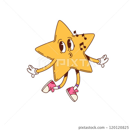 Groovy star geometric figure character. Preschool kids education basic shape cute cartoon retro character, kindergarten child learn whistling and dancing star figure cheerful groovy vector personage 120120825