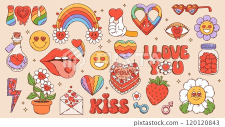 Retro groovy hippie love symbols of 70s cartoon art with hearts and rainbows, vector icons. Groovy cartoon love stickers with hippie peace sign, psychedelic kiss lips with funky daisy and I Love You Retro groovy hippie love symbols of 70s cartoon art with hearts and rainbows, vector icons. Groovy cartoon love stickers with hippie peace sign, psychedelic kiss lips with funky daisy and I Love You 120120843