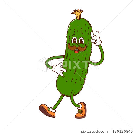 Groovy cucumber vegetable cheerful character. Agriculture ripe veggie happy vintage funky vector mascot, vegetarian food organic cucumber harvest or farm fresh product isolated cute groovy character Groovy cucumber vegetable cheerful character. Agriculture ripe veggie happy vintage funky vector mascot, vegetarian food organic cucumber harvest or farm fresh product isolated cute groovy character 120120846