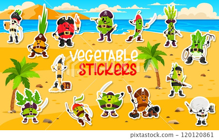 Vegetable pirate and corsair characters stickers pack. Fun and adventurous patches featuring cartoon veggies personages dressed as corsairs with hats, guns and treasures on the secret island beach 120120861