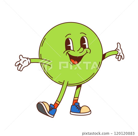 Groovy math sphere geometric figure character. Elementary school geometric sphere cartoon personage, basic figure cute retro vector mascot. Preschool kid education math shape isolated groovy character 120120883