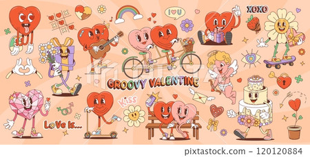 Cartoon groovy valentine characters and retro love symbols. Vector set of hearts, daisy flower, Amour angel, wedding cake personages dating, celebrate holidays, riding bicycle and skateboard, sing Cartoon groovy valentine characters and retro love symbols. Vector set of hearts, daisy flower, Amour angel, wedding cake personages dating, celebrate holidays, riding bicycle and skateboard, sing 120120884