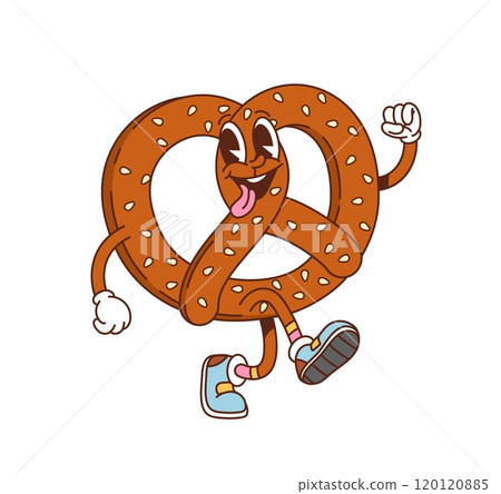 Groovy pretzel character with a playful expression, wearing colorful sneakers and gloves, exudes a fun and whimsical vibe. Isolated cartoon vector fresh bakery snacking personage with cheerful smile 120120885