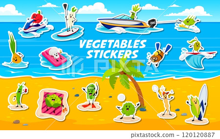 Stickers pack of cartoon vegetable characters on summer vacation enjoying outdoor activities at the beach. Vector vegs engaging in water sports like surfing, paddleboarding, jet skiing and snorkeling Stickers pack of cartoon vegetable characters on summer vacation enjoying outdoor activities at the beach. Vector vegs engaging in water sports like surfing, paddleboarding, jet skiing and snorkeling 120120887