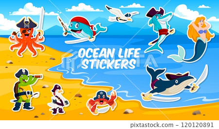 Sea pirate animal and mermaid characters stickers pack. Vector patches with playful cartoon octopus, turtle, seagull and shark, crab or whale dressed as corsairs on treasure island with sandy beach Sea pirate animal and mermaid characters stickers pack. Vector patches with playful cartoon octopus, turtle, seagull and shark, crab or whale dressed as corsairs on treasure island with sandy beach 120120891