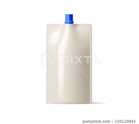 Mayonnaise sauce container package with a blue cap. Realistic 3d vector pouch bag for convenient storage and dispensing mayo condiment. Modern culinary and kitchen packaging for food product showcase 120120892