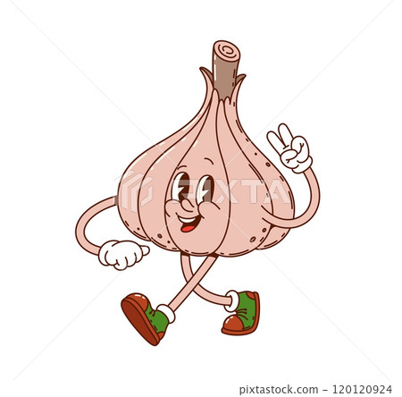 Groovy ripe garlic vegetable happy character. Vegetarian food healthy product cheerful hippie vector character, agriculture veggie or farming market fresh garlic vegetable isolated groovy personage 120120924