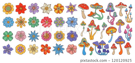 Groovy flowers and mushrooms in vibrant colors. Vector set featuring whimsical blossoms and psychedelic fungi plants, eclectic and playful blooms with bright petals and mushrooms in hippie boho style 120120925