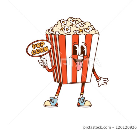Cartoon popcorn bucket groovy fast food character. Isolated vector cheerful pop corn retro personage with a vibrant red and white stripes, playful smile and happy eyes, ready for nostalgic movie night Cartoon popcorn bucket groovy fast food character. Isolated vector cheerful pop corn retro personage with a vibrant red and white stripes, playful smile and happy eyes, ready for nostalgic movie night 120120926