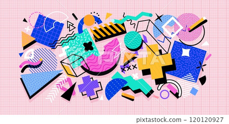 Abstract geometric Memphis banner with modern shapes and figure elements, vector background. Memphis banner of trendy colorful abstract geometric simple shapes and minimal figures in halftone pattern 120120927
