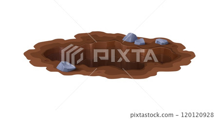 Cartoon deep dirty pit and burrow, ground hole. Isolated vector natural dirty gap in forest or garden, surrounded by muddy, brown earth and scattered rocks, suggesting a wild terrain with soil or mud 120120928