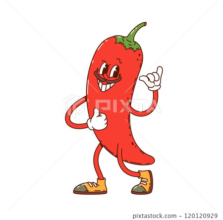 Groovy red chili pepper vegetable character. Agriculture whole veggie retro hippie vector mascot, hot chili pepper funny mascot or vegetarian food organic farm product groovy isolated character Groovy red chili pepper vegetable character. Agriculture whole veggie retro hippie vector mascot, hot chili pepper funny mascot or vegetarian food organic farm product groovy isolated character 120120929