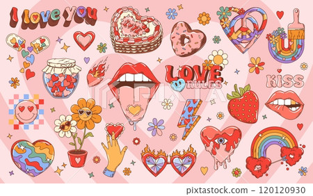Cartoon groovy Valentine love stickers and y2k elements. Retro hippie Valentines Day vector symbols of love hearts, daisy flowers, rainbow and kiss lips. Hippy emoji, heart sunglasses, cake and candy Cartoon groovy Valentine love stickers and y2k elements. Retro hippie Valentines Day vector symbols of love hearts, daisy flowers, rainbow and kiss lips. Hippy emoji, heart sunglasses, cake and candy 120120930