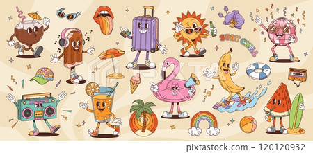 Retro cartoon groovy leisure and travel characters. Psychedelic hippy summer vacation vector personages of palm, sun, sea beach ball and umbrella. Groovy cocktail, ice cream and suitcase characters 120120932