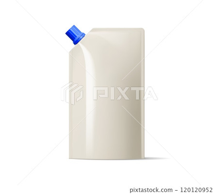 Mayonnaise sauce container with a blue cap. Realistic 3d vector pouch packaging for easy squeezing and pouring mayo dressing. Isolated doypack with culinary food product for condiment ads presentation Mayonnaise sauce container with a blue cap. Realistic 3d vector pouch packaging for easy squeezing and pouring mayo dressing. Isolated doypack with culinary food product for condiment ads presentation 120120952