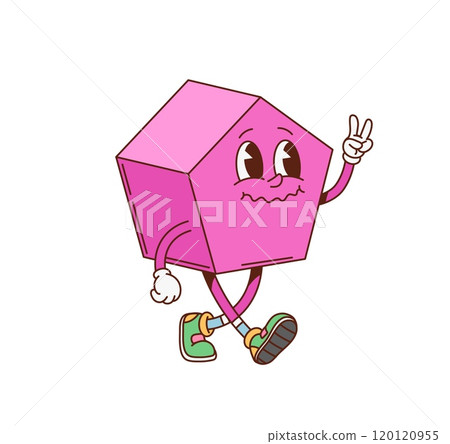 Groovy math pentagon geometric figure character. Kindergarten child learn pentagon funny cartoon retro character, school math figure cute isolated vector mascot. Basic geometric shape groovy personage 120120955
