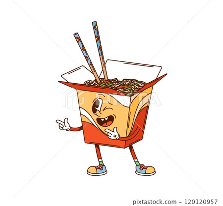 Cartoon groovy wok box fast food character. Isolated vector takeout noodles package with sticks. Retro personage with cheerful expression and chopsticks sticking out, exudes carefree appetizing vibes Cartoon groovy wok box fast food character. Isolated vector takeout noodles package with sticks. Retro personage with cheerful expression and chopsticks sticking out, exudes carefree appetizing vibes 120120957