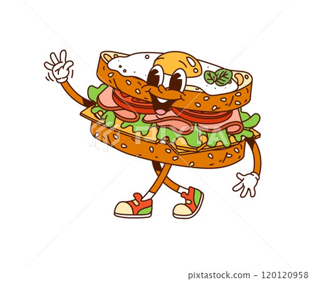 Cartoon groovy egg sandwich fast food character walking and waving hand with happy smiling face. Isolated vector retro breakfast bread with vegetable and sausage fillings, cheerful food personage 120120958