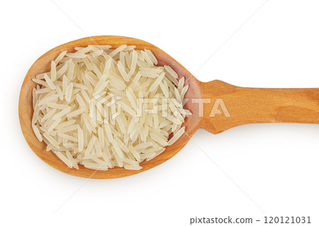 rice basmati in a wooden spoon isolated on white background. Top view. Flat lay 120121031