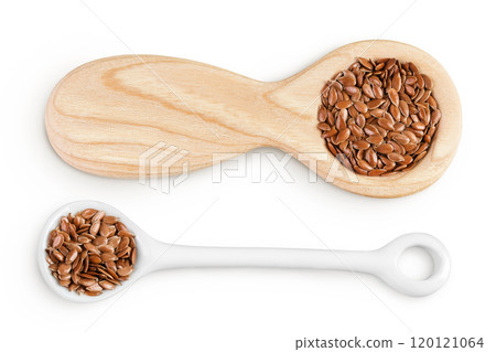 flaxseed in wooden and ceramic spoon isolated on white background. Top view. Flat lay 120121064
