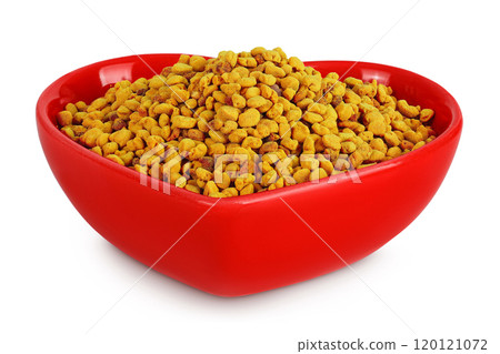 Bee pollen grains in ceramic bowl isolated on white background Bee pollen grains in ceramic bowl isolated on white background 120121072