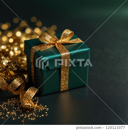 Box with gift and festive bow on emerald green background with sequins. Concept of festive banner for Christmas, New Year Box with gift and festive bow on emerald green background with sequins. Concept of festive banner for Christmas, New Year 120121077