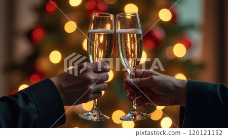 A close-up of hands clinking glasses of champagne during a celebration New Year against the Christmas tree. Cheers at Festive New Year Party 120121152
