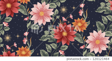 Seamless floral pattern with a dark navy blue background and vibrant flowers in pink, red, and orange colors, green leaves and celestial elements. Ideal for wallpapers, textiles, decorative prints. 120121464