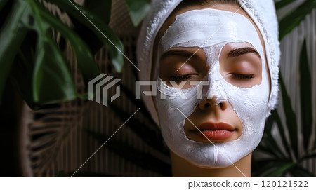 A woman in a towel has a white mask concealing her face 120121522