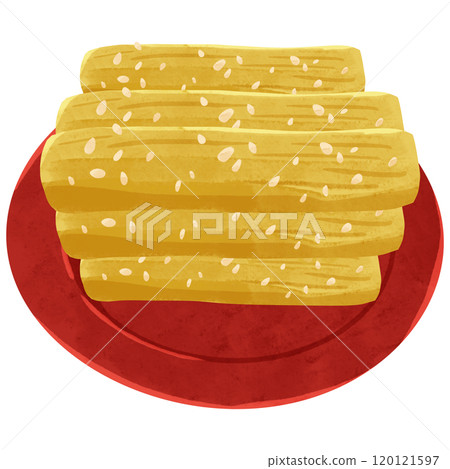 Red small plate and pounded burdock watercolor hand-drawn illustration 120121597