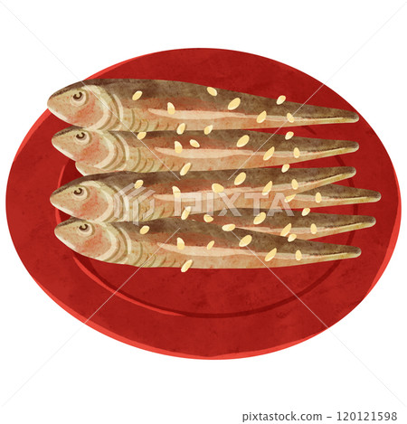 Red small plate and dried sardines watercolor hand-drawn illustration Red small plate and dried sardines watercolor hand-drawn illustration 120121598