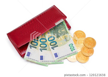 Opened Red Leather Women Purse with Bitcoin Coins and One Hundred Euro Banknotes Inside 120121638