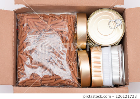 Carton Box with Canned Food, Cereals and Grocery - Donation Box or Food Reserves Carton Box with Canned Food, Cereals and Grocery - Donation Box or Food Reserves 120121728