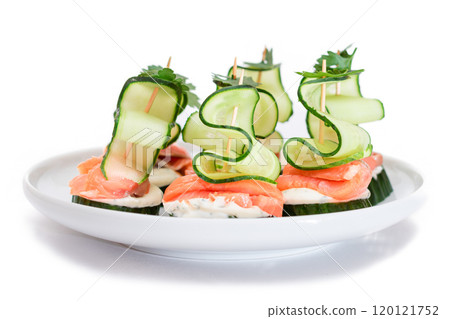 Canapes without Bread with Fresh Salmon, Cucumber and Cream Cheese - Isolated Canapes without Bread with Fresh Salmon, Cucumber and Cream Cheese - Isolated 120121752
