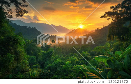 Deep tropical jungles with lush greenery and vibrant foliage. 120121870