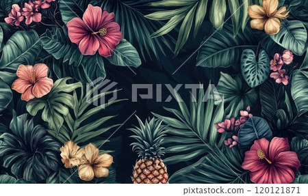 Tropical hand-drawn pattern featuring palm leaves, hibiscus flowers, pineapples, and various exotic plants on a dark background. 120121871