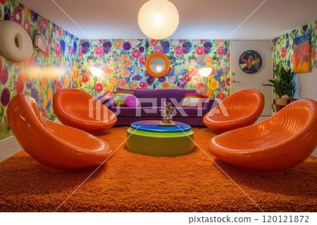 Retro plastic chairs in a vibrant 1970s living room, colorful wallpaper and shag carpet, chairs in the center, warm ambient lighting. 120121872