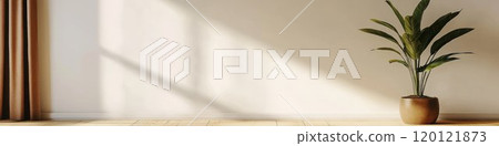 Plant against a white wall mockup, minimalist interior with brown curtain and wooden floor, plant in a sleek pot, soft natural light. 120121873