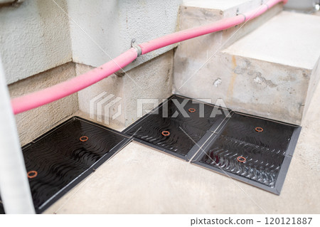Sticky mousetraps set up along the walls of buildings 120121887