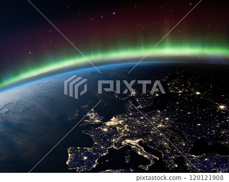 Earth at Night and Northern Lights. 120121908